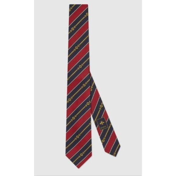Gucci Navy/red Silk Interlocking G Chain Striped Tie - Picture 1 of 11